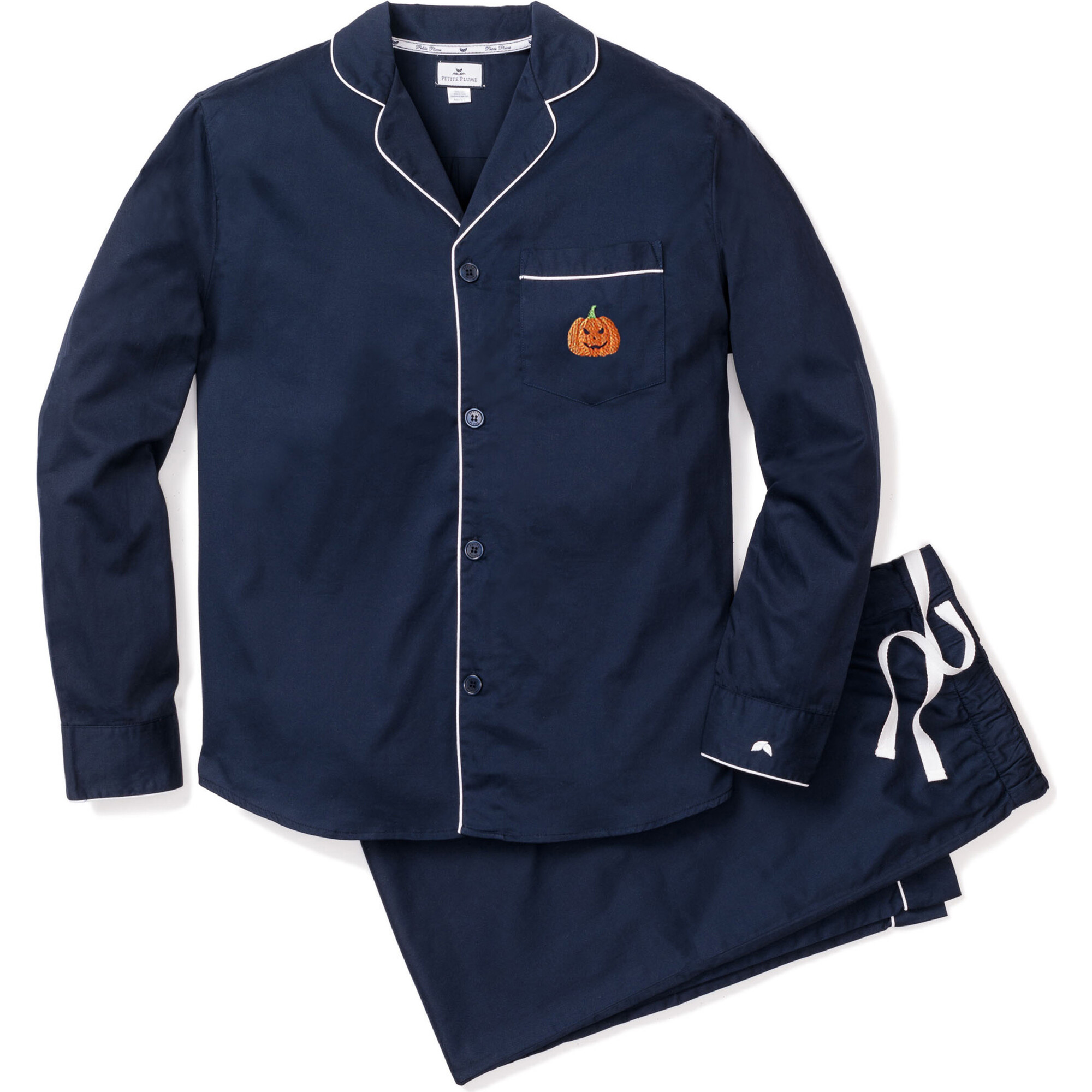 Men's Pajama Set, Navy with Pumpkin Embroidery - Pajamas - 1