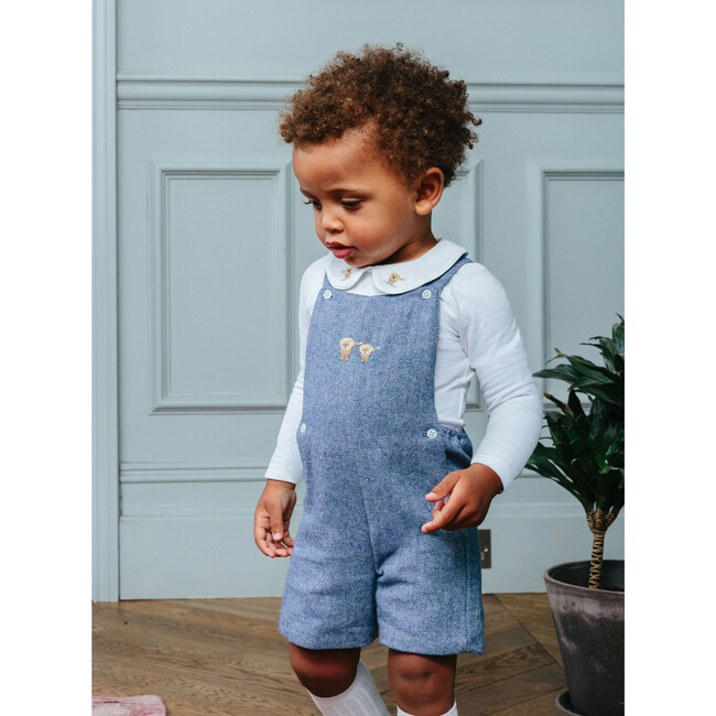 Little Alfie Lion Bib Shorts, Navy Herringbone - Rompers - 2