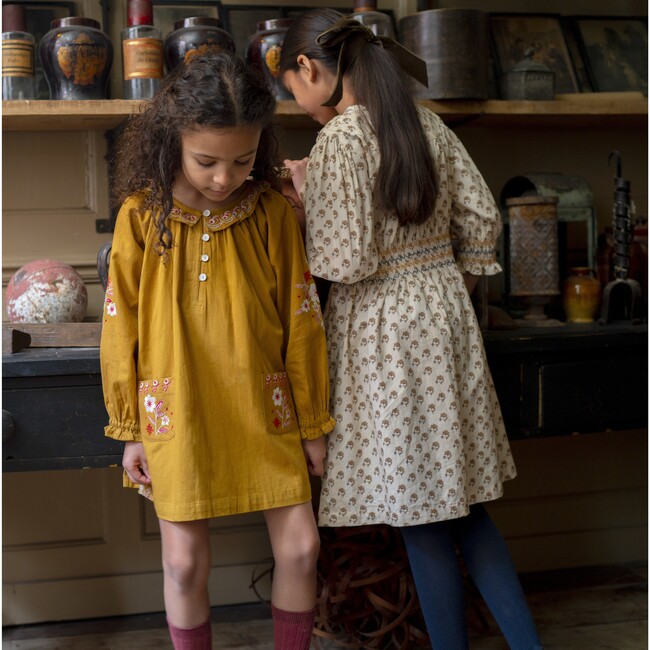 Embroidered Shift Dress, Mustard - Dresses - 5