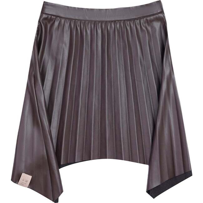 Girls Faux Leather Hi-Low Pleated Skirt, Brown