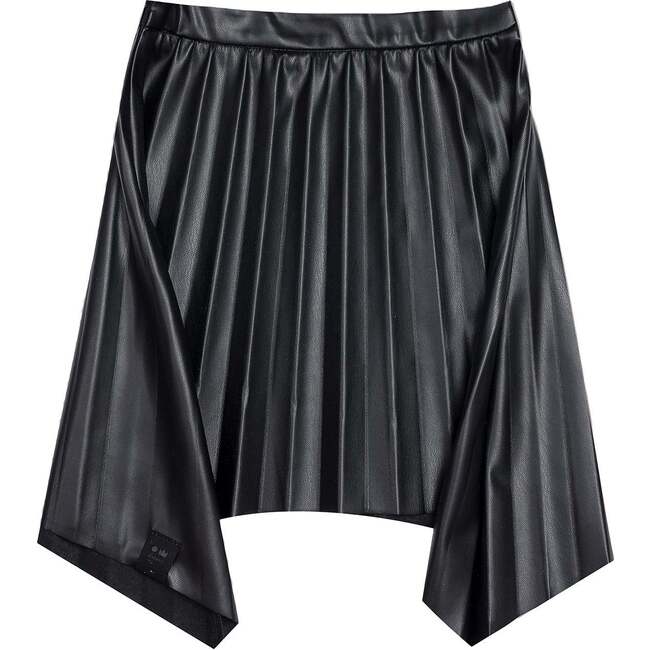 Girls Faux Leather Hi-Low Pleated Skirt, Black
