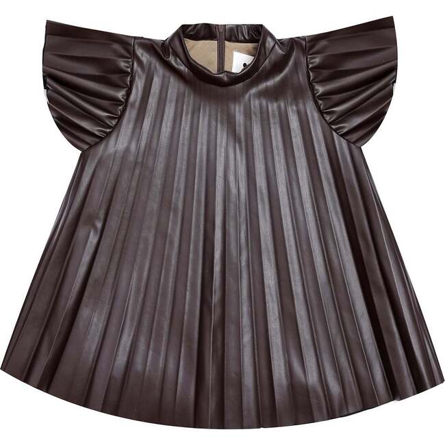 Girls Faux Leather Pleated Dress, Brown
