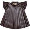 Girls Faux Leather Pleated Dress, Brown - Dresses - 1 - thumbnail