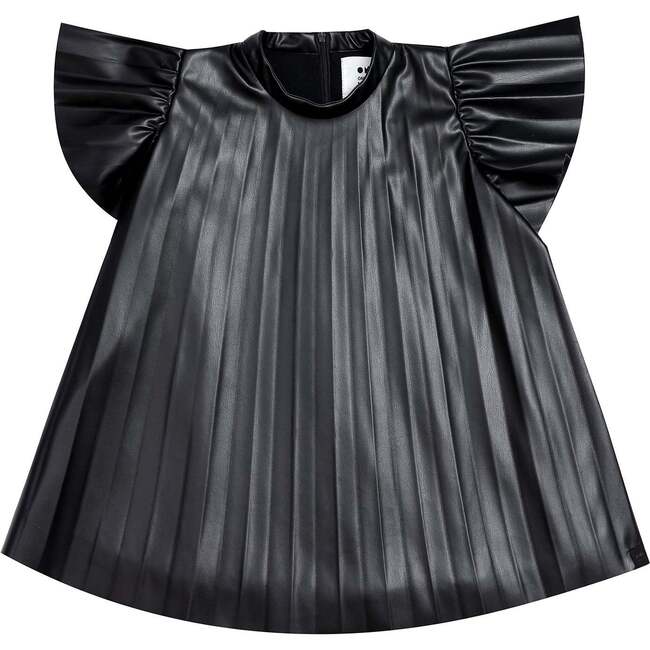 Girls Faux Leather Pleated Dress, Black