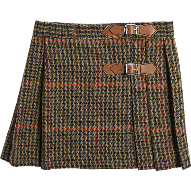 Checked Tweed Pleated Leather Buckled Kilt, Brown