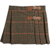 Checked Tweed Pleated Leather Buckled Kilt, Brown - Skirts - 1 - thumbnail