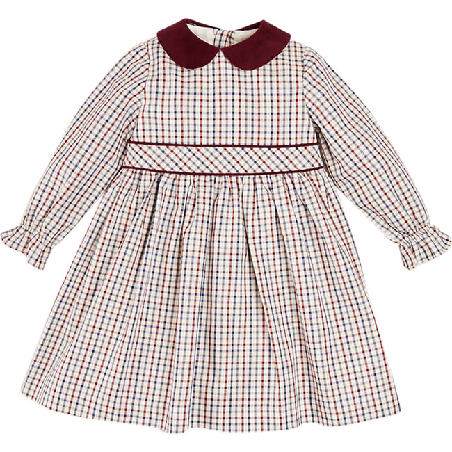 Check Peter Pan Collar Belted Dress, Beige