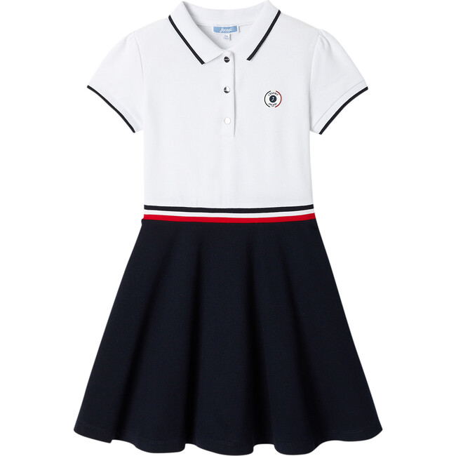 Girl Cotton Pique Dress, White & Navy - Dresses - 1