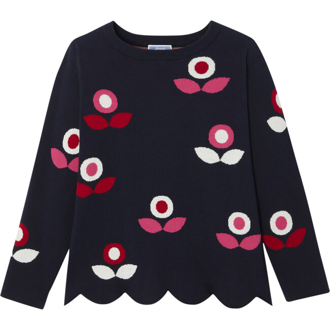 Girl Jacquard Flower Sweater, Navy - Sweaters - 1