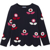 Girl Jacquard Flower Sweater, Navy - Sweaters - 1 - thumbnail