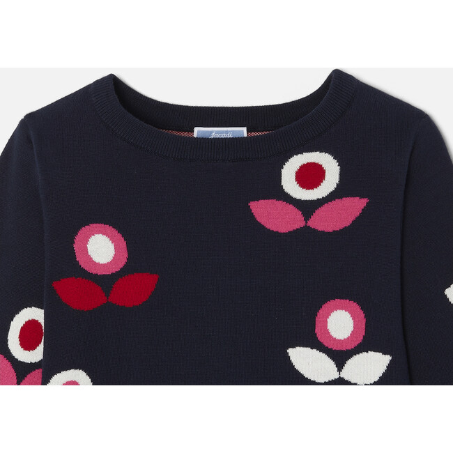 Girl Jacquard Flower Sweater, Navy - Sweaters - 3