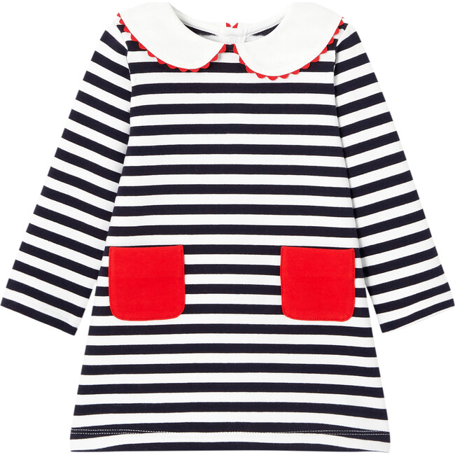 Baby Girl Long Sleeve Dress, White & Navy Stripes