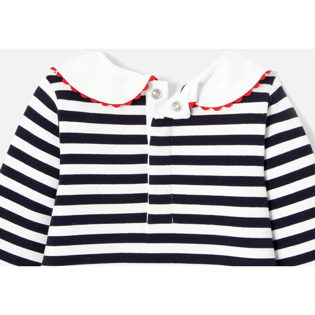 Baby Girl Long Sleeve Dress, White & Navy Stripes - Dresses - 6