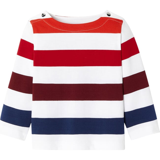 Baby Boy Breton Tee, Blue & Red Stripes - Shirts - 1