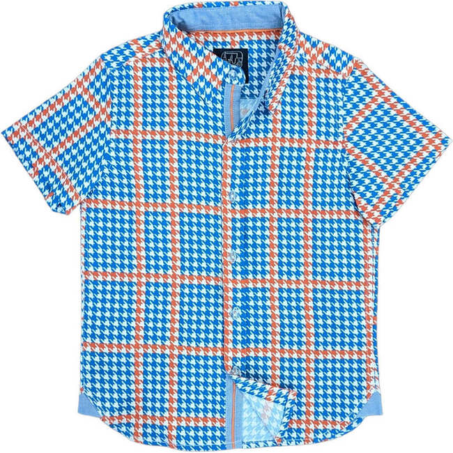 Houndstooth Short Sleeve Shirt, Blue & Orange