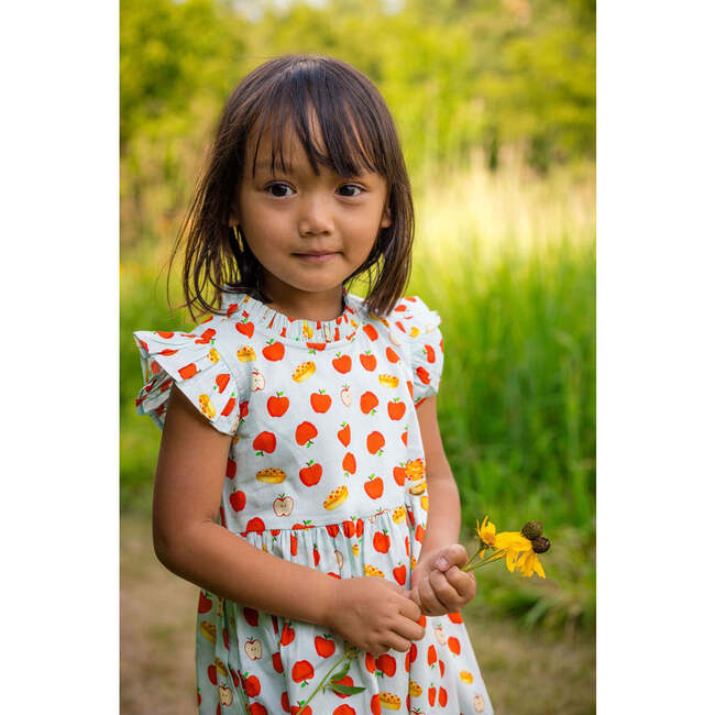 Apple Pie Print Flutter Sleeve Ruffle Sleeve Dress, Blue & Red - Dresses - 2