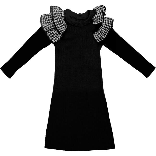 Girls Houndstooth Ruffle Knit Dress, Black