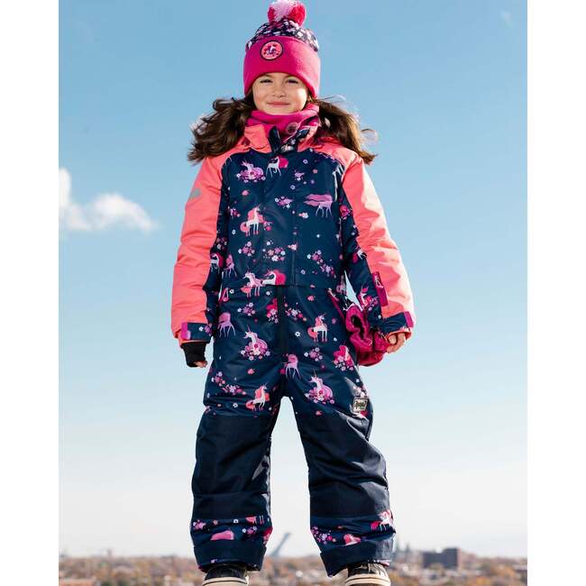 Unicorn Print One-Piece Snowsuit, Navy Flowery - Snowsuits - 2
