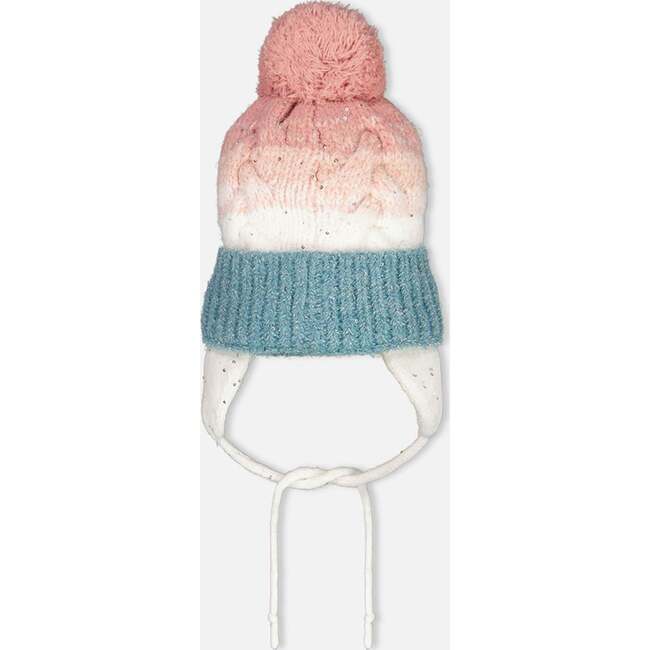 Winter Knit Pom Pom Earflap Colorblock Hat, Pink & Blue Gradient - Hats - 3