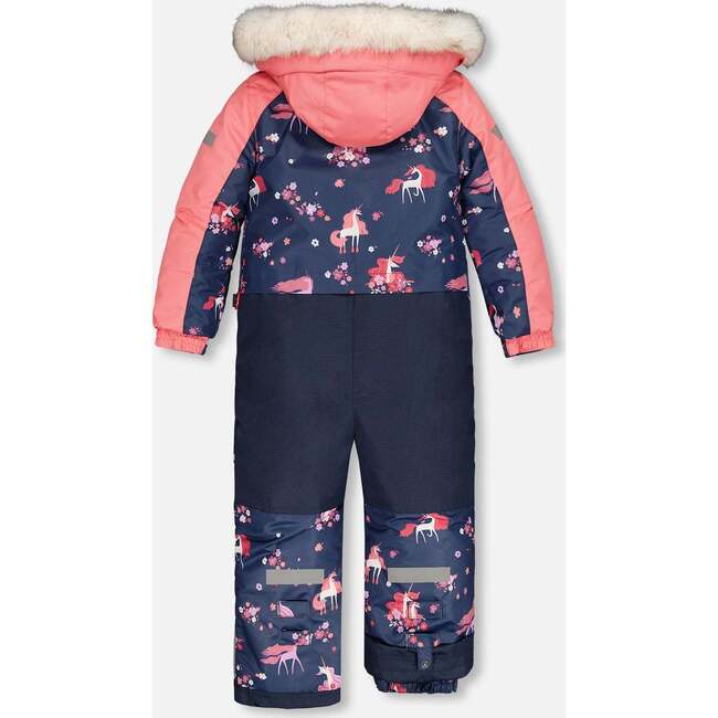 Unicorn Print One-Piece Snowsuit, Navy Flowery - Snowsuits - 4