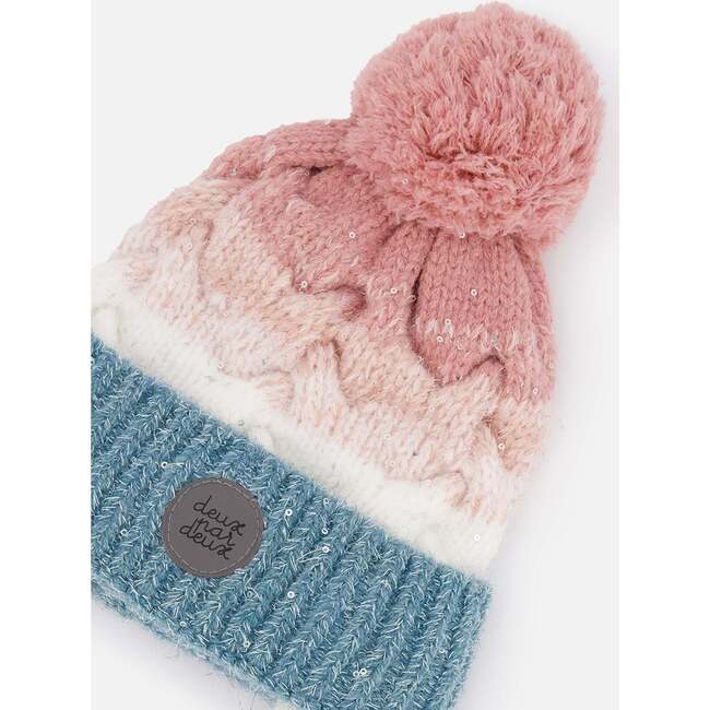 Winter Knit Pom Pom Earflap Colorblock Hat, Pink & Blue Gradient - Hats - 4