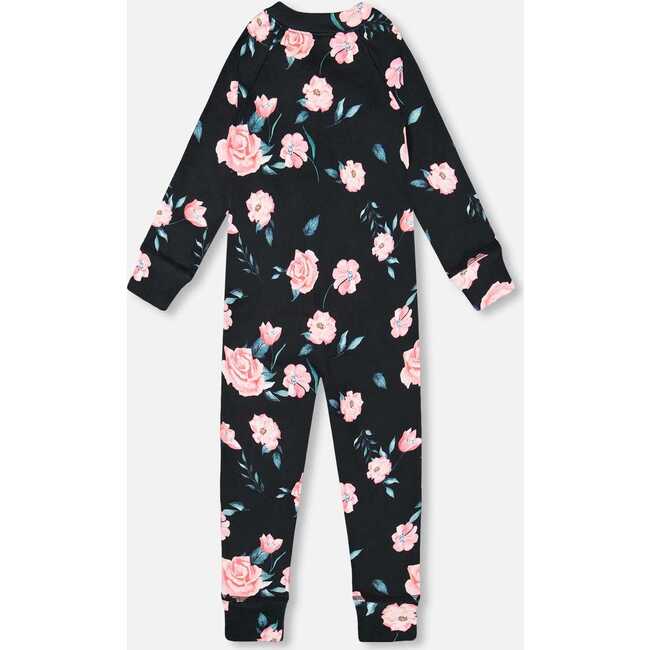 Rose Print One-Piece Thermal Underwear, Black - Loungewear - 4