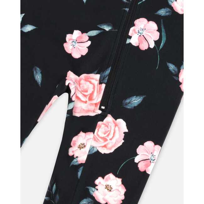 Rose Print One-Piece Thermal Underwear, Black - Loungewear - 5