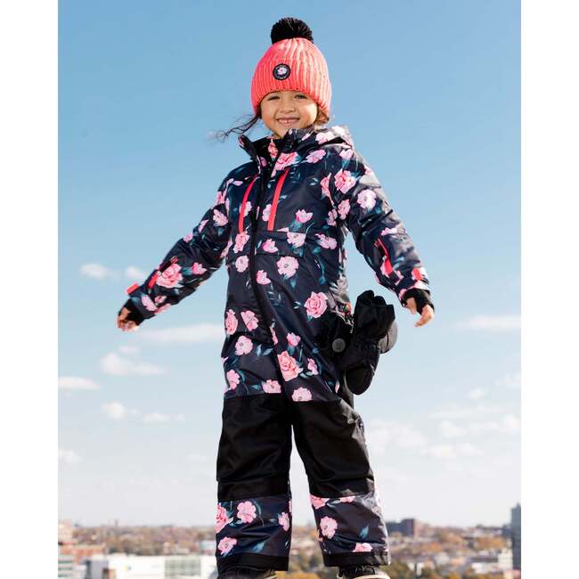 Rose Print One-Piece Snowsuit, Black - Snowsuits - 3