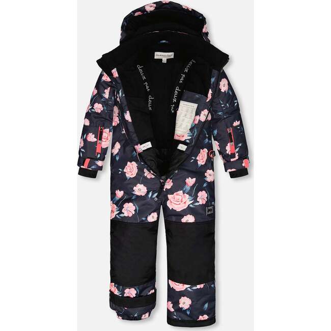 Rose Print One-Piece Snowsuit, Black - Snowsuits - 4