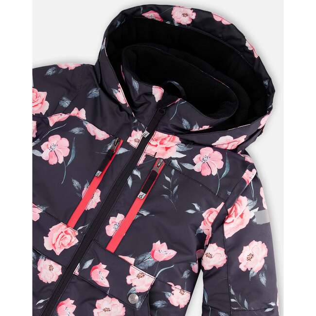 Rose Print One-Piece Snowsuit, Black - Snowsuits - 7