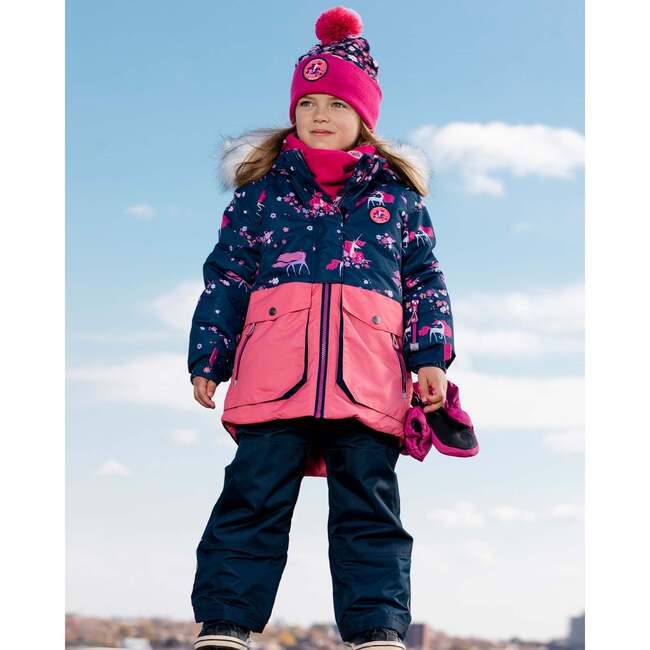 Flowery Unicorn Print 2-Piece Snowsuit, Navy - Snowsuits - 2