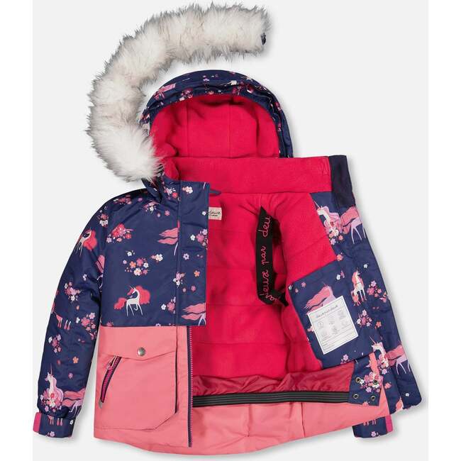 Flowery Unicorn Print 2-Piece Snowsuit, Navy - Snowsuits - 4