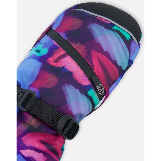 Neon Flower Print Mittens With Straps, Black - Gloves - 2
