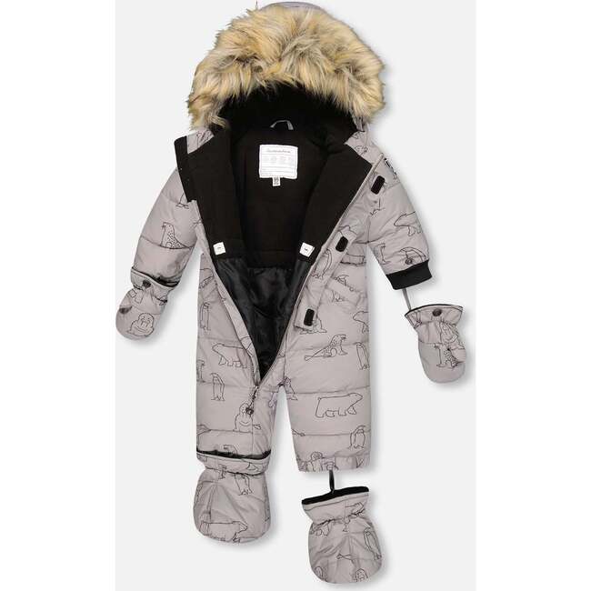 Artic Friends Print One-Piece Baby Snowsuit, Silver Grey - Snowsuits - 2