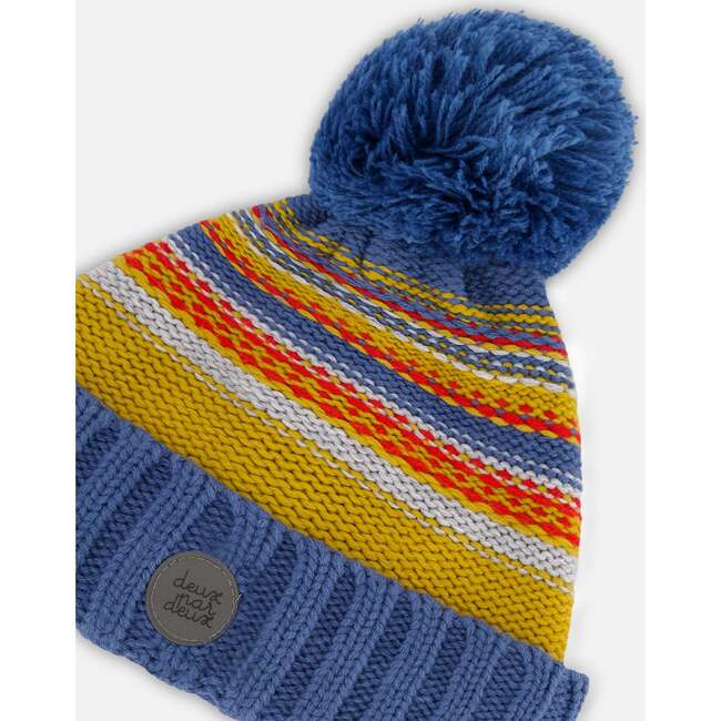Acrylic Striped Knit Pom Pom Hat, Yellow & Blue - Hats - 4
