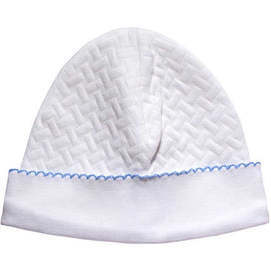 Basket Weave Baby Hat, White & Blue Picot Trim