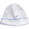 Basket Weave Baby Hat, White & Blue Picot Trim - Hats - 1 - thumbnail