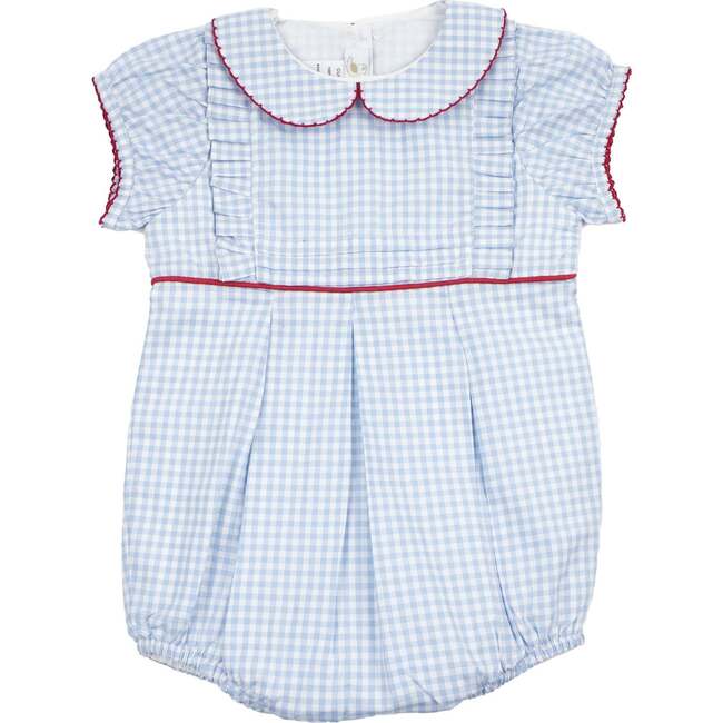 Gingham Pleated Bubble Romper, Blue