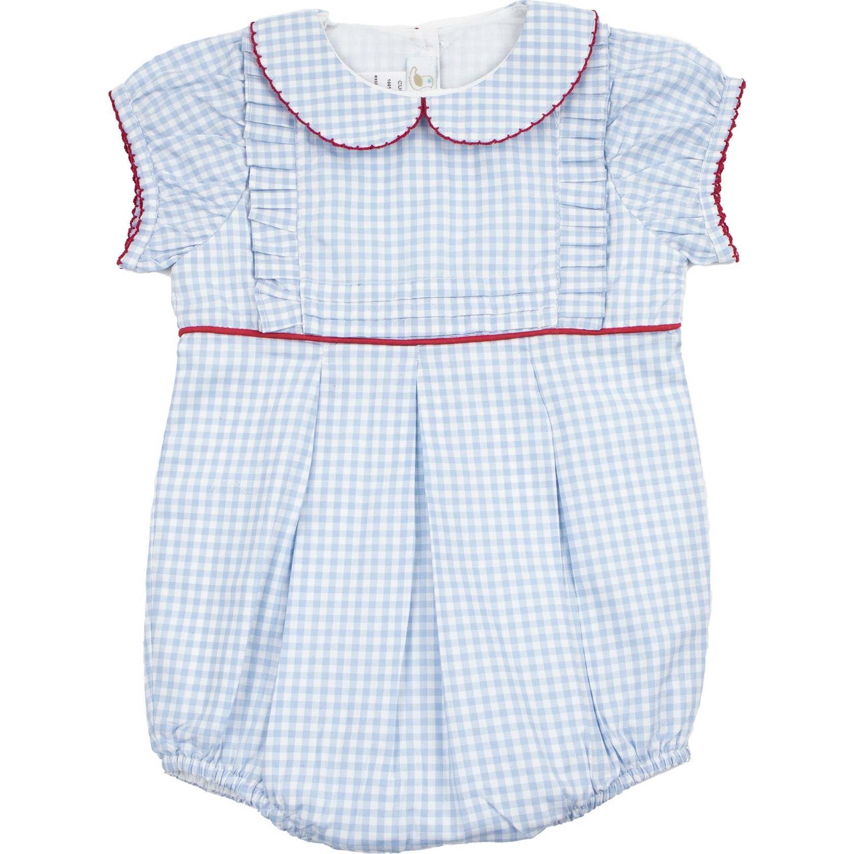 Gingham Pleated Bubble Romper, Blue - Rompers - 1