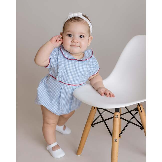 Gingham Pleated Bubble Romper, Blue - Rompers - 2