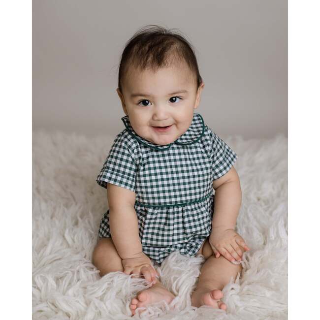 Gingham Bubble Romper, Green - Rompers - 2