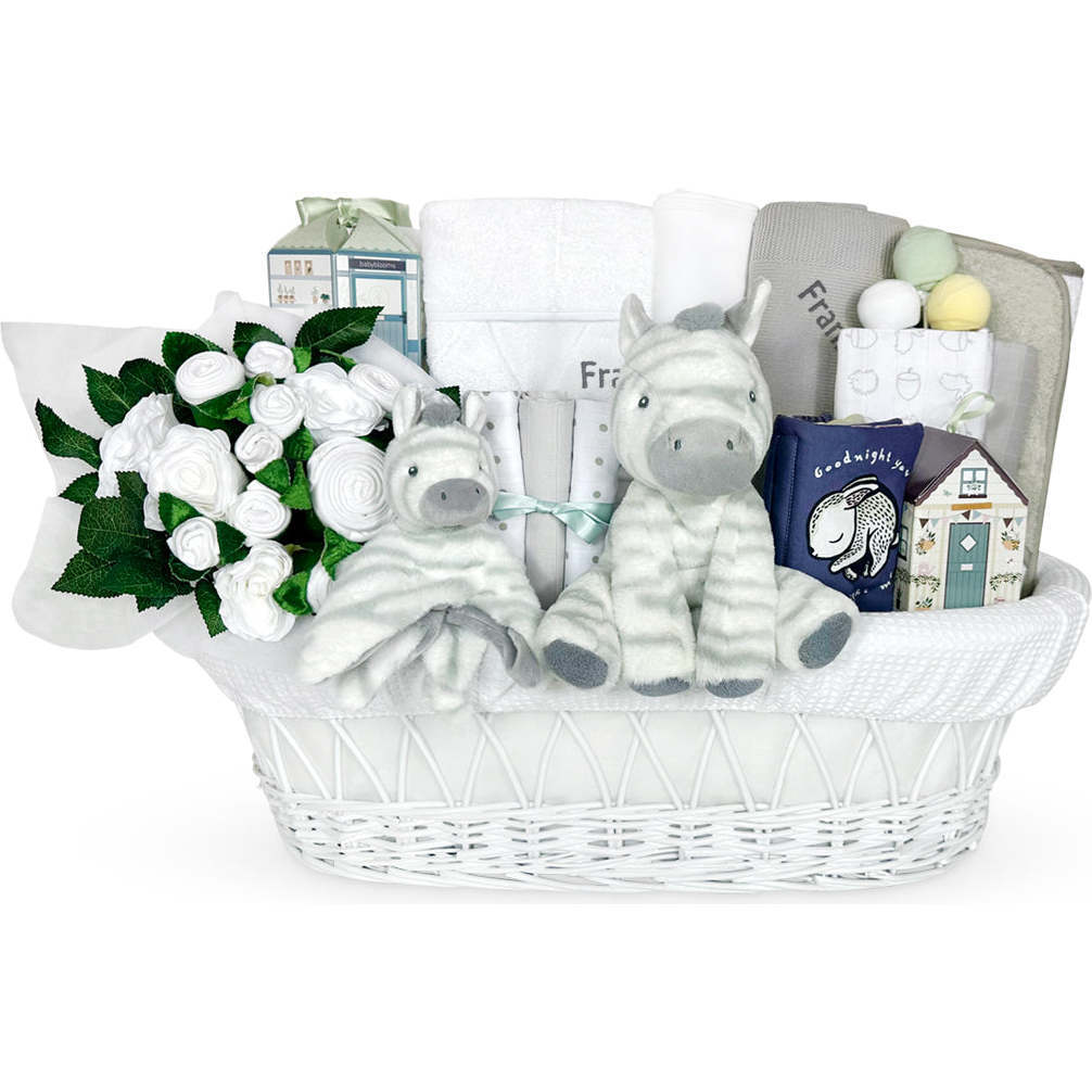 Personalized Zachery Zebra Moses Basket Baby Hamper, White - Mixed Apparel Set - 1