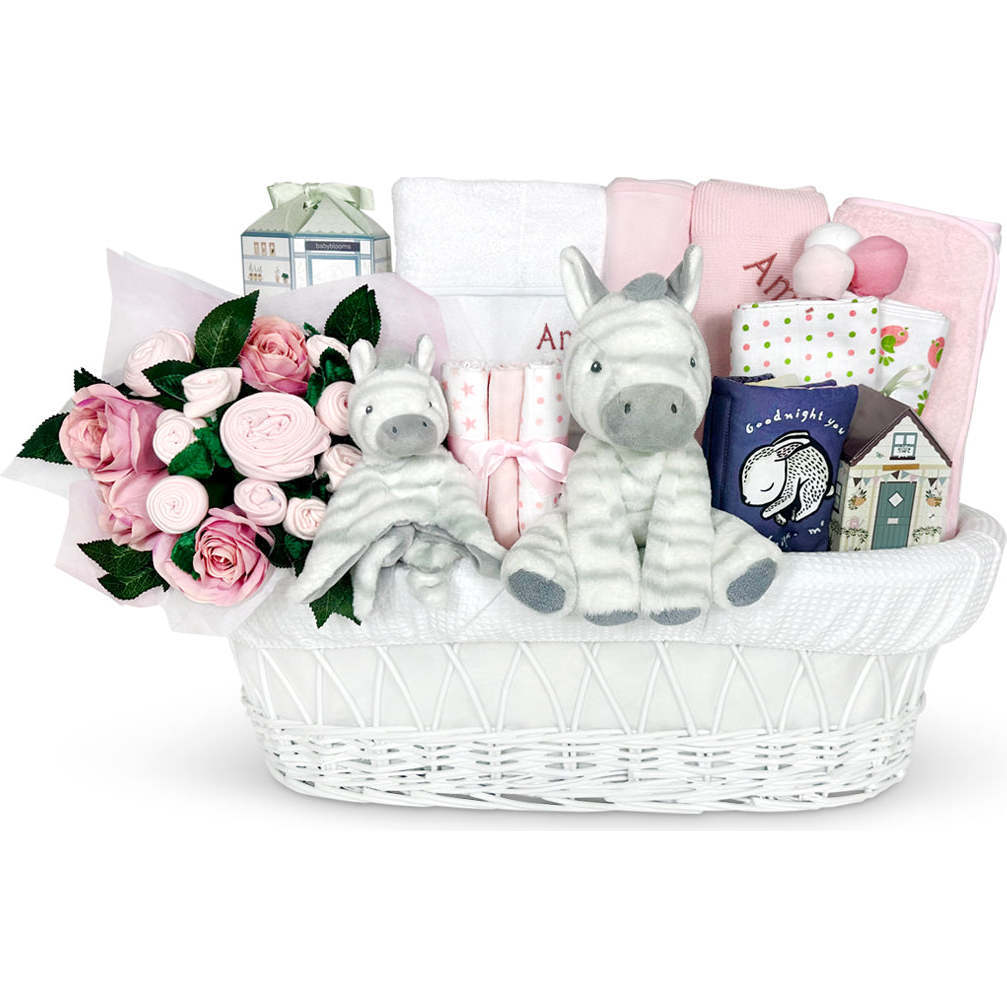 Personalized Zachery Zebra Moses Basket Baby Hamper, Pink - Mixed Apparel Set - 1