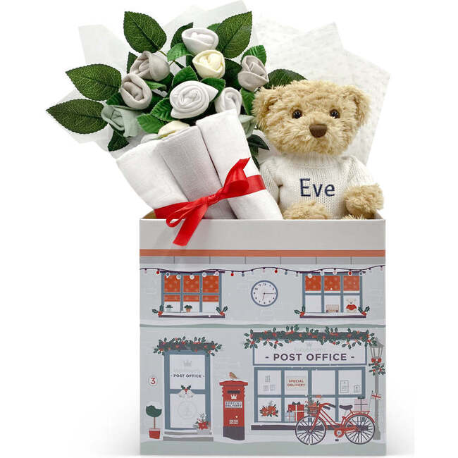New Baby Christmas Welcome Hamper with Personalized Bertie Bear, Grey