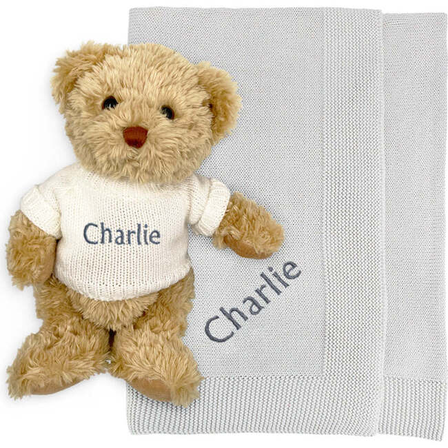 Personalized Bertie Bear with Blanket, Grey