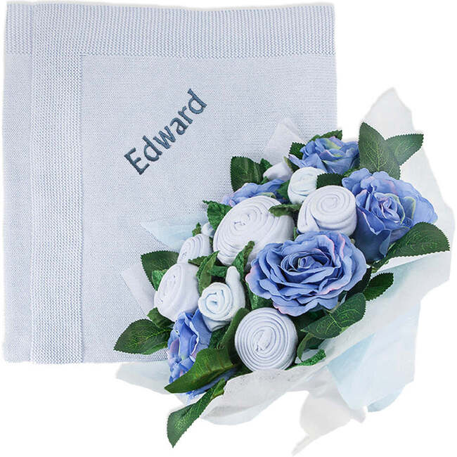 Luxury Rose Baby Clothes Bouquet and Personalized Baby Blanket, Blue