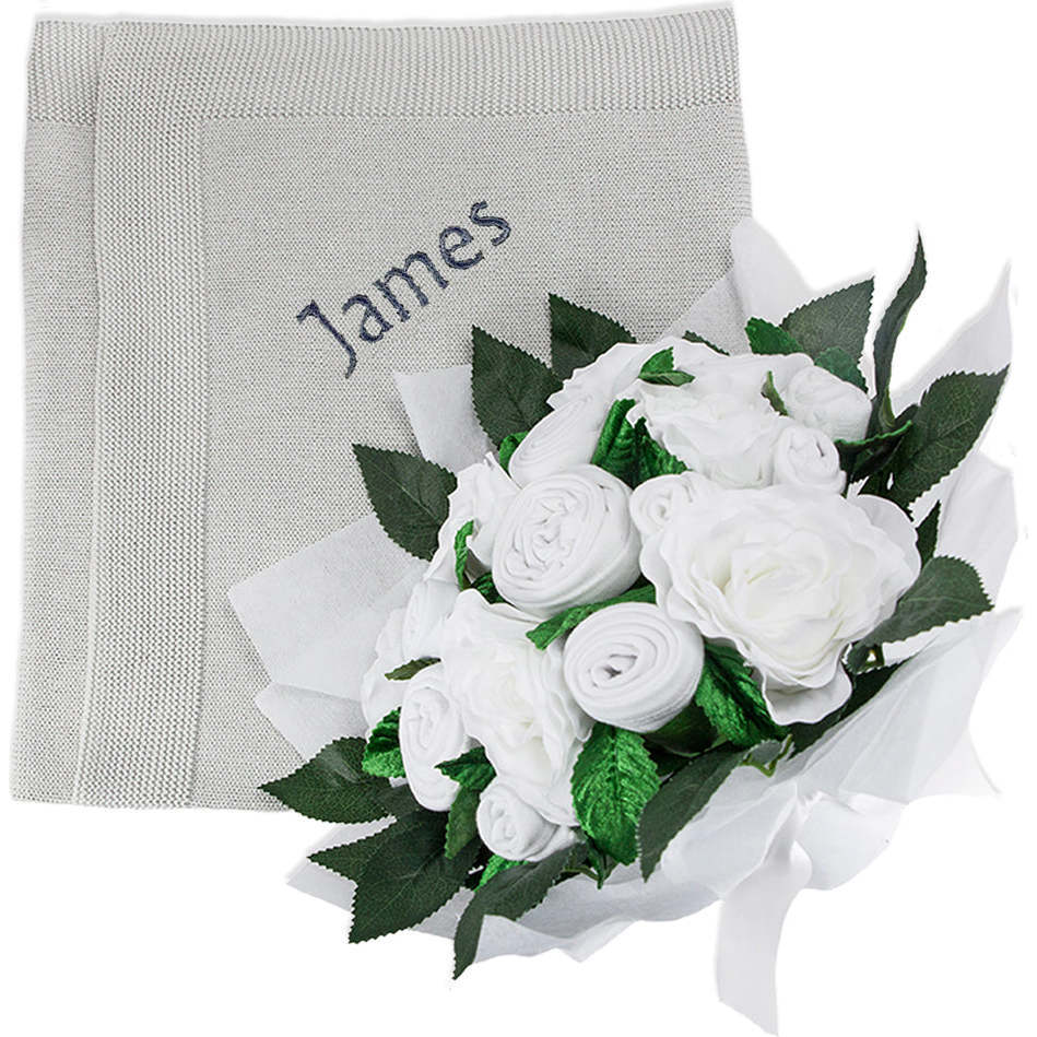 Luxury Rose Baby Clothes Bouquet and Personalized Baby Blanket, Grey - Mixed Apparel Set - 1
