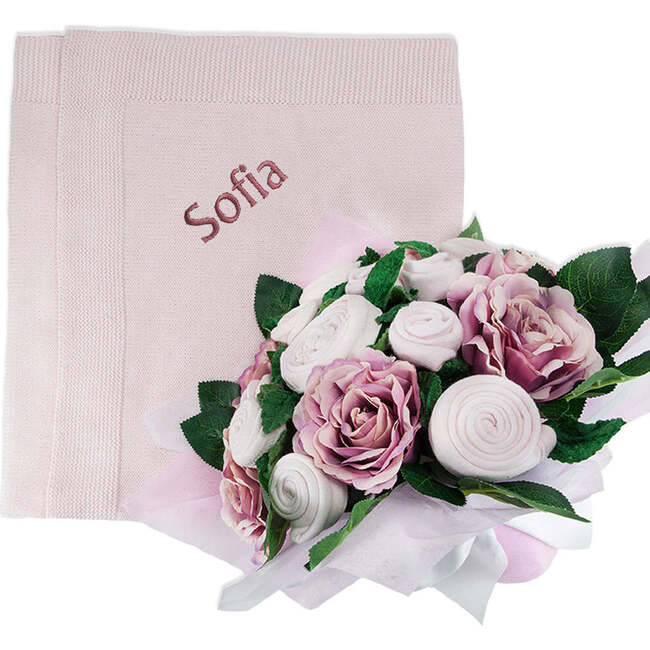 Luxury Rose Baby Clothes Bouquet and Personalized Baby Blanket, Pink
