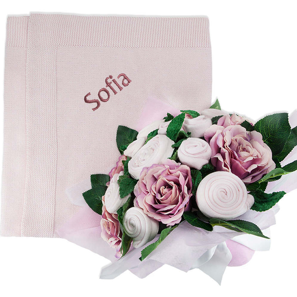 Luxury Rose Baby Clothes Bouquet and Personalized Baby Blanket, Pink - Mixed Apparel Set - 1