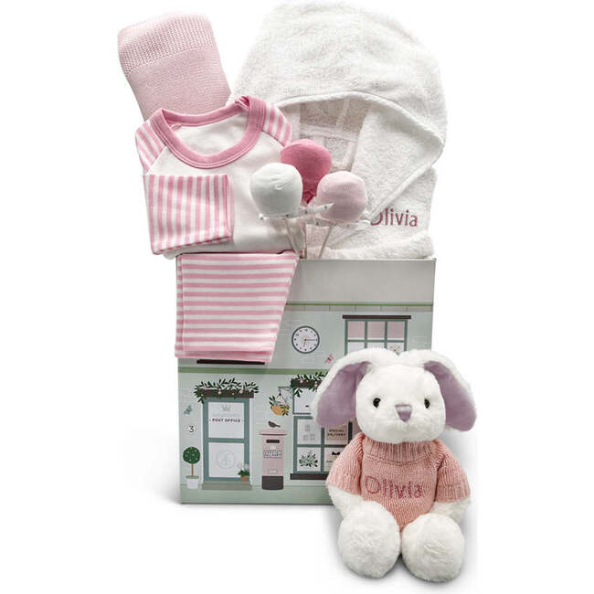 Little Bunny Sleepy Time Hamper, Pink, 0-12 Months with White Personalized Bathrobe